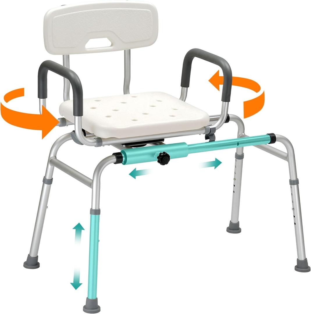 Sliding Shower Chair with Extra Wide 360 Swivel Seat, 400 lbs Weight Capacity, Bathtub Bath Chair, Non-Slip Aluminum Frame, Adjustable Height for Inside Shower