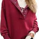ebossy Women's Fashion V Neck Snap Button Long Sleeve Casual Loose Pullover Sweatshirt Activewear (Red, L)