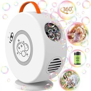Bubble Machine Automatic Bubble Blower for Kids Toddlers Rechargeable Battery Portable Bubble Maker Electric Bubble Machine Auto Rotating 90/360 Outdoor Toy for Birthday Party Wedding (White)