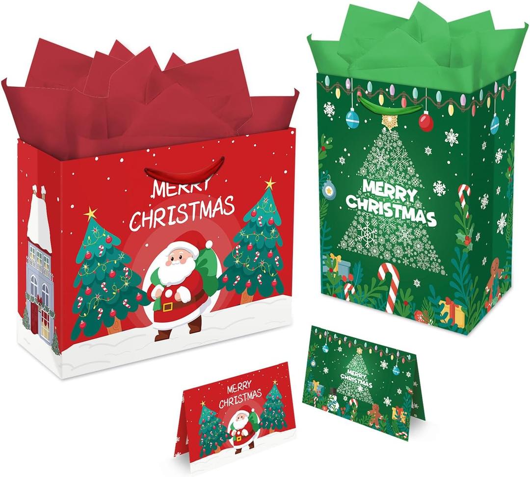 Aviski 2 PACK Christmas Gift Bags, 13 x 10.2 x 4.9 in, with Greeting Cards and Tissue Paper, Winter Holiday Paper Bags for Xmas Party Favor, Gift Wrapping (Red Green)