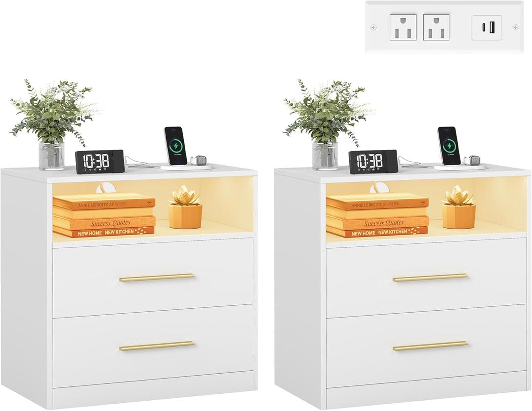 VASAGLE Custos Collection - Set of 2, 23.6 Inch Wide Nightstands with Charging Station, LED Lights, Modern Night Stands, Side End Tables with Drawers, Open Shelf, 2 AC Outlets USB Ports, Cloud White