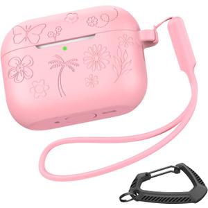 MILPROX for AirPods Pro 3 Case 2025, Silicone Engraved Flower for AirPod Pro 3 Case, Beautiful Pretty Floral Soft Cover with Keychain/Strap,Aesthetic Girlish Girly Design for Women Girls - Pink