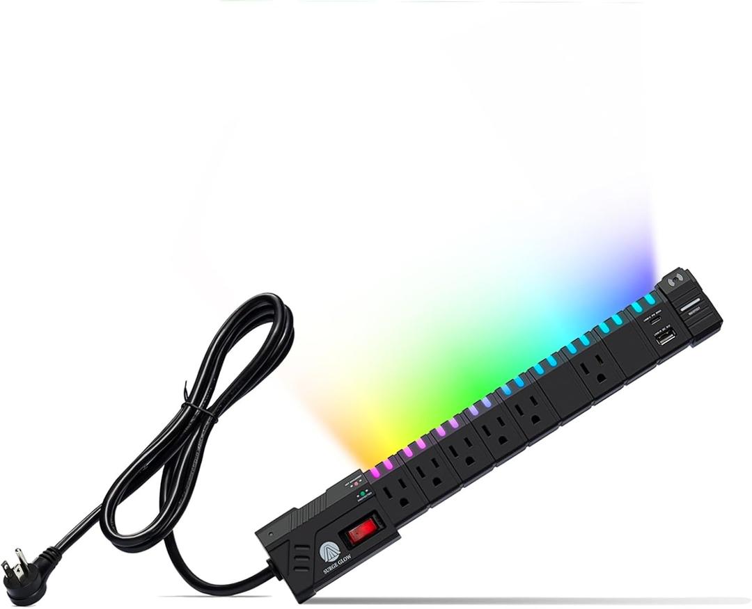 4200J Expandable RGB Power Strips with PC Surge Protection PD 20W Fast Charging Station for 1USBC&1USBA Ports 6 Outlets Desk Gaming Room Power Strip Multiple Devices Home Offices Extension Cord Black