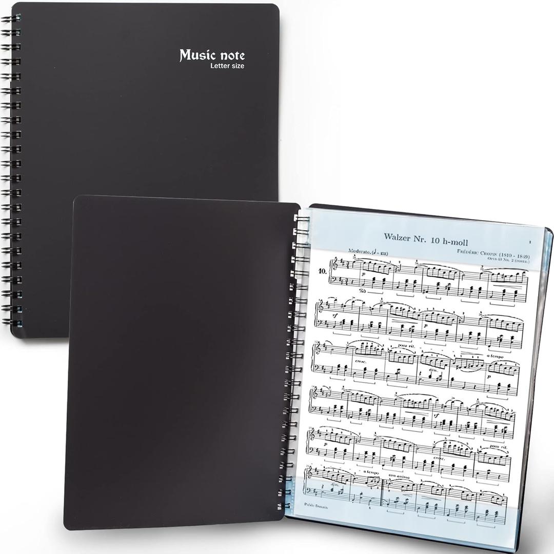Sheet Music Folder (1 Pack, Black)  40 Sleeves Display 80 Pages Spiral Binder Organizer for Music Stand  Fits Letter Size 8.5 x 11 Inch  Direct Page Writing with Detachable Name Tag