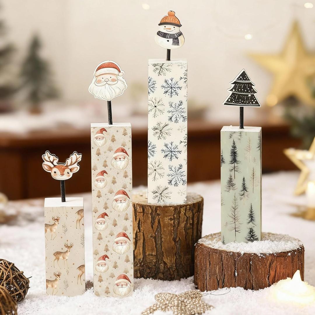 Yerliker 4 Pcs Neutral Christmas Wooden Tiered Tray Decor Set Winter Wood Table Centerpieces Elk Tree Snowman Santa Claus Blocks Signs for Rustic Farmhouse Home Mantle Office Mantel Shelf Desk Decor