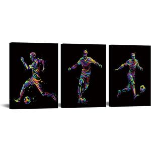 VANSEEING 3 Piece Sports Canvas Wall Art for Boys Room Soccer Ball Particle Silhouette Poster Giclee Print Football Pictures Painting Framed Ready to Hang Boys Kids Room Gym Decor 12x16inchx3pcs