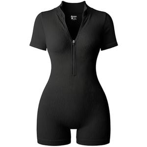 OQQ Women Rompers Ribbed Short Sleeve Zip Front Stretch Tummy Control Yoga Workout Rompers, Size L