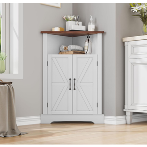 Bathroom Corner Cabinet,Farmhouse Floor Corner Cabinet with Doors and Adjustable Shelves, Freestanding Wooden Storage Hutch Cupboard for Bathroom, Kitchen, Living Room, White