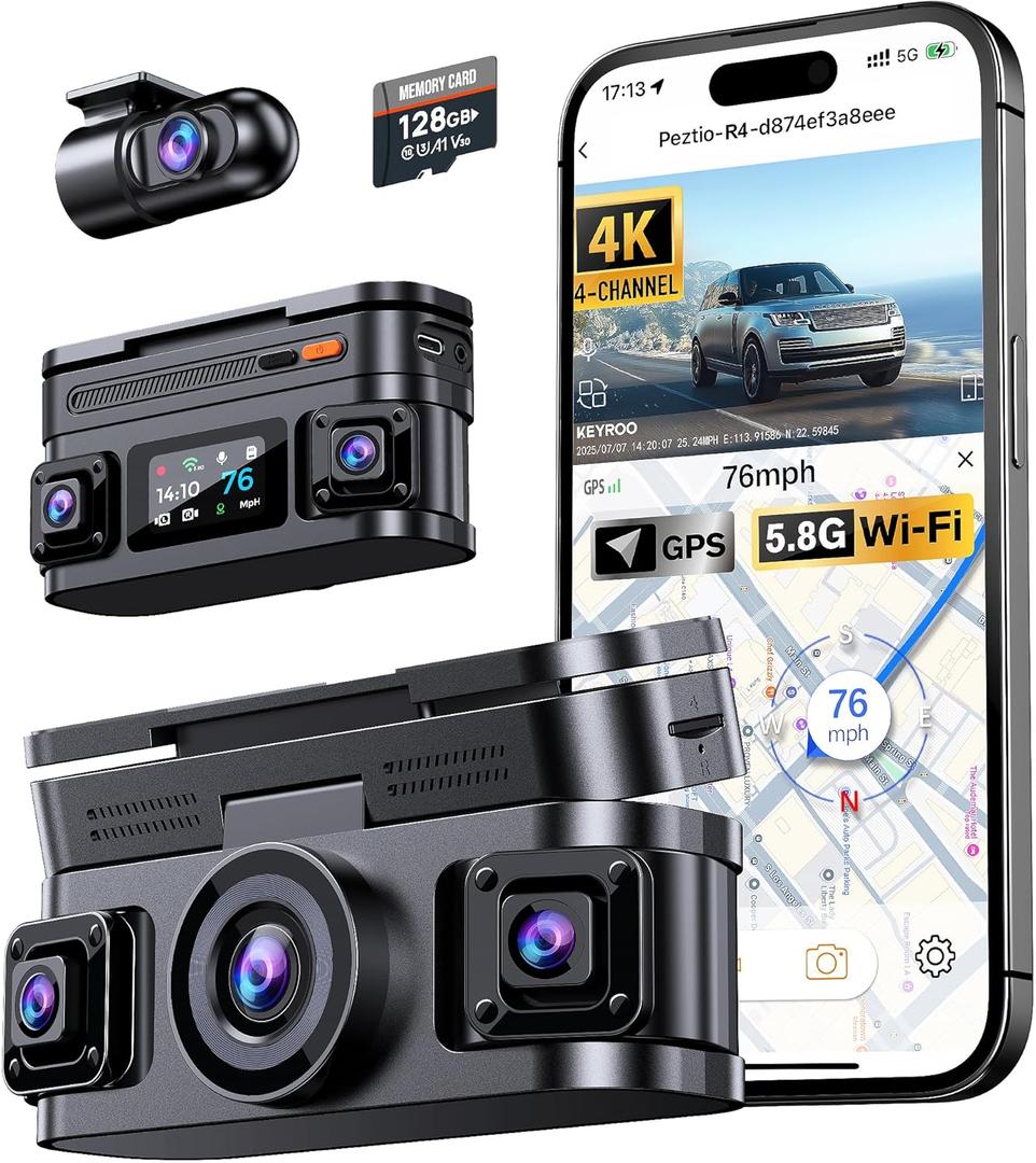 KEYROO 360 View 4K 4 Channel Dash Cam Front and Rear Inside Left Right, Built-in GPS, 5.8GHz WiFi, Car Dash Camera for Cars with App Connect, Support Parking Mode, G-Sensor, Free 128GB Card