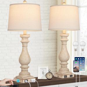 Cinkeda 29" Tall Table Lamp for Living Room Set of 2,Farmhouse Nightstand Bedside Lamps with USB C+A Ports & AC Outlet,3Way Dimmable Touch Control Desk Lamp for Bedroom,Color Cream