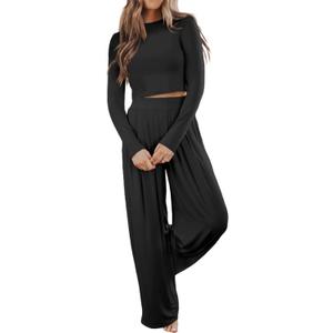 Ezbelle womenss Fall Fashion Lounge Sets Pajama Two Piece Cropped Pullover Jammies Outfits Casual Loungewear (Medium, Black)