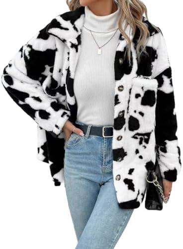 HBER Women's Casual Faux Fur Jacket Trendy Long Sleeve Button Up Cow Print Autumn Winter Loose Sherpa Fur Coats with Pockets M
