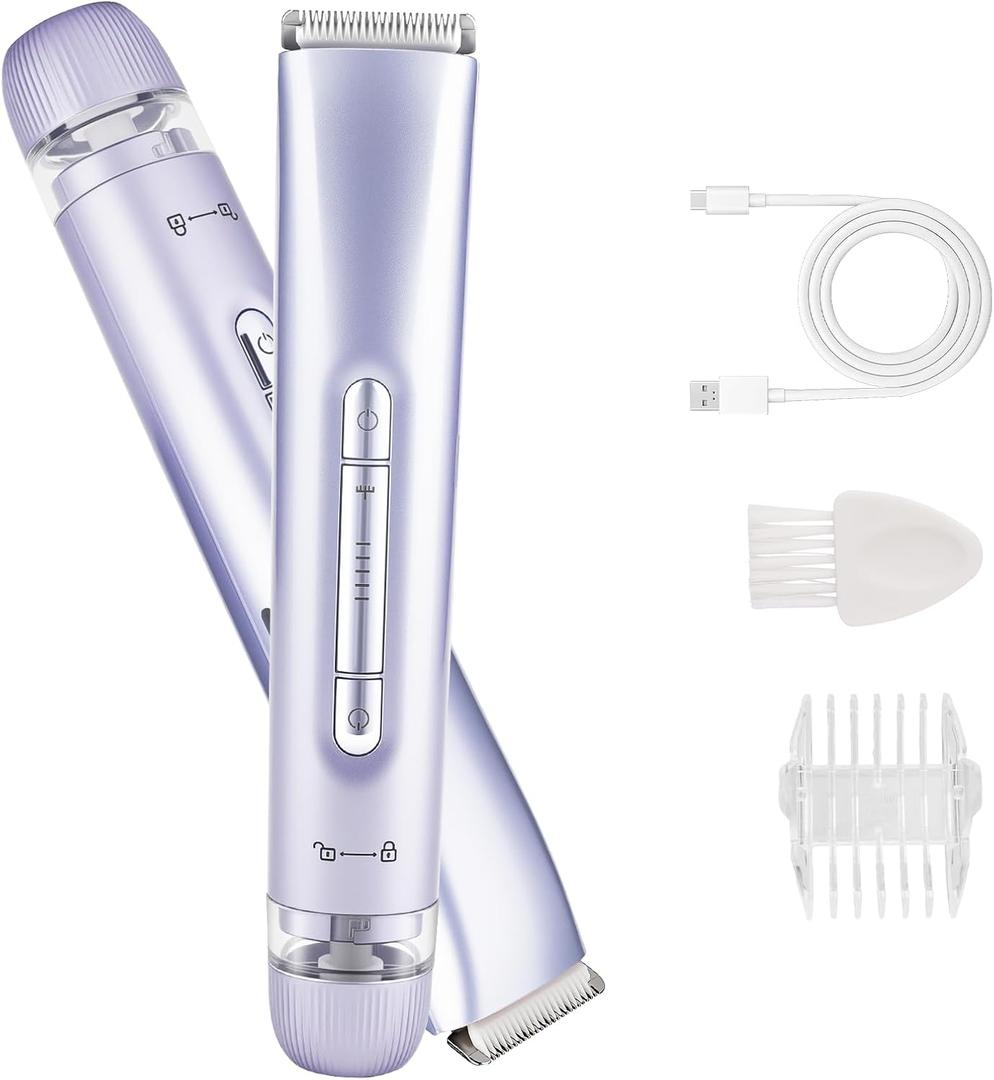 Bikini Trimmer for Women, Dual Head Shaver, IPX7 Waterproof, Compact Travel Design Electric Bikini Shaver for Public Hair, Facial and Body(Purple)