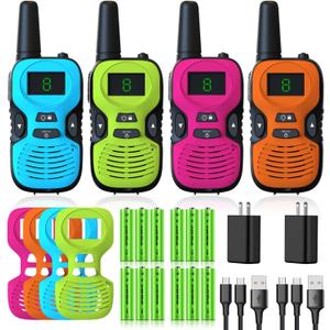 Walkie Talkies for Kids - Rechargeable 4 Pack: Walky Talky for Kids with Charger Battery - Walkie-Talkies Long Range Outdoor, Hiking, Camping Toys for 3-12 Year Old Girls Boys (Green Orange Blue Red)