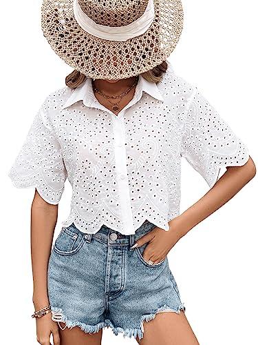 SweatyRocks Women's Short Sleeve Button Down Eyelet Crochet Shirt Asymmetrical Hem Crop Top Blouse White Small