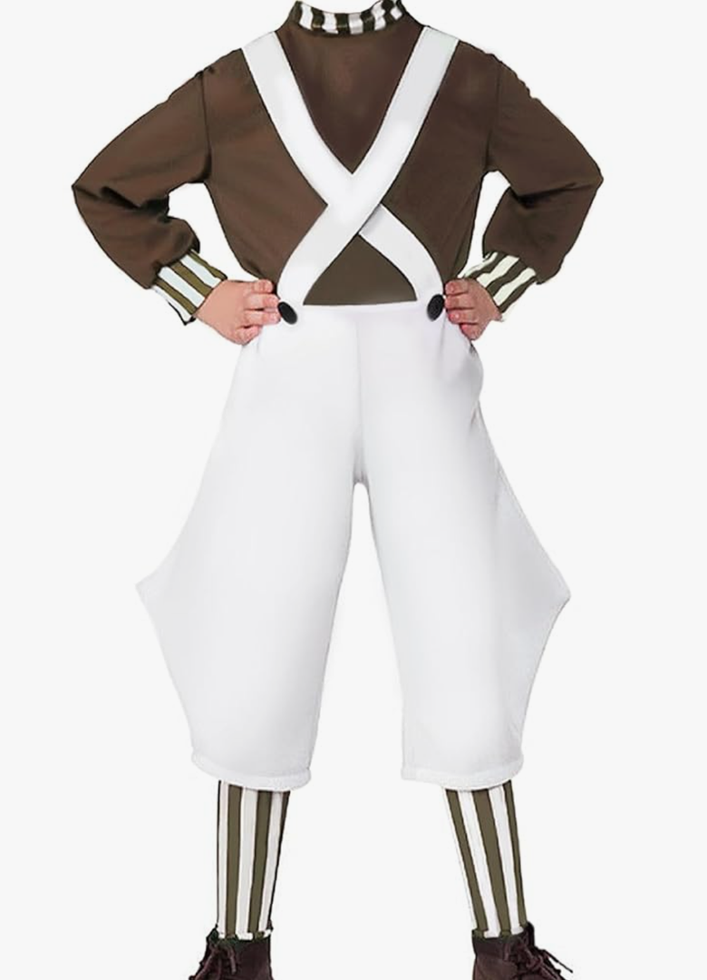 Kids Cosplay Costume Tops Straps Pants Stockings Chocolate Stripe Worker Uniform Set Halloween Cosplay Outfits, Size Small
