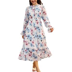Sunny Spirit Women's Floral Boho Midi Dress 2025 Spring Fall Long Sleeve V Neck Chiffon A-Line Flowy Party Dresses (L)