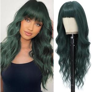 MINSEEYOO Dark Green Wig with Bangs for Women Long Dark Green Wavy Wigs 26 Inch Green Wigs Natural Looking Heat Resistant Synthetic Wig for Daily Party Use : Beauty & Personal Care