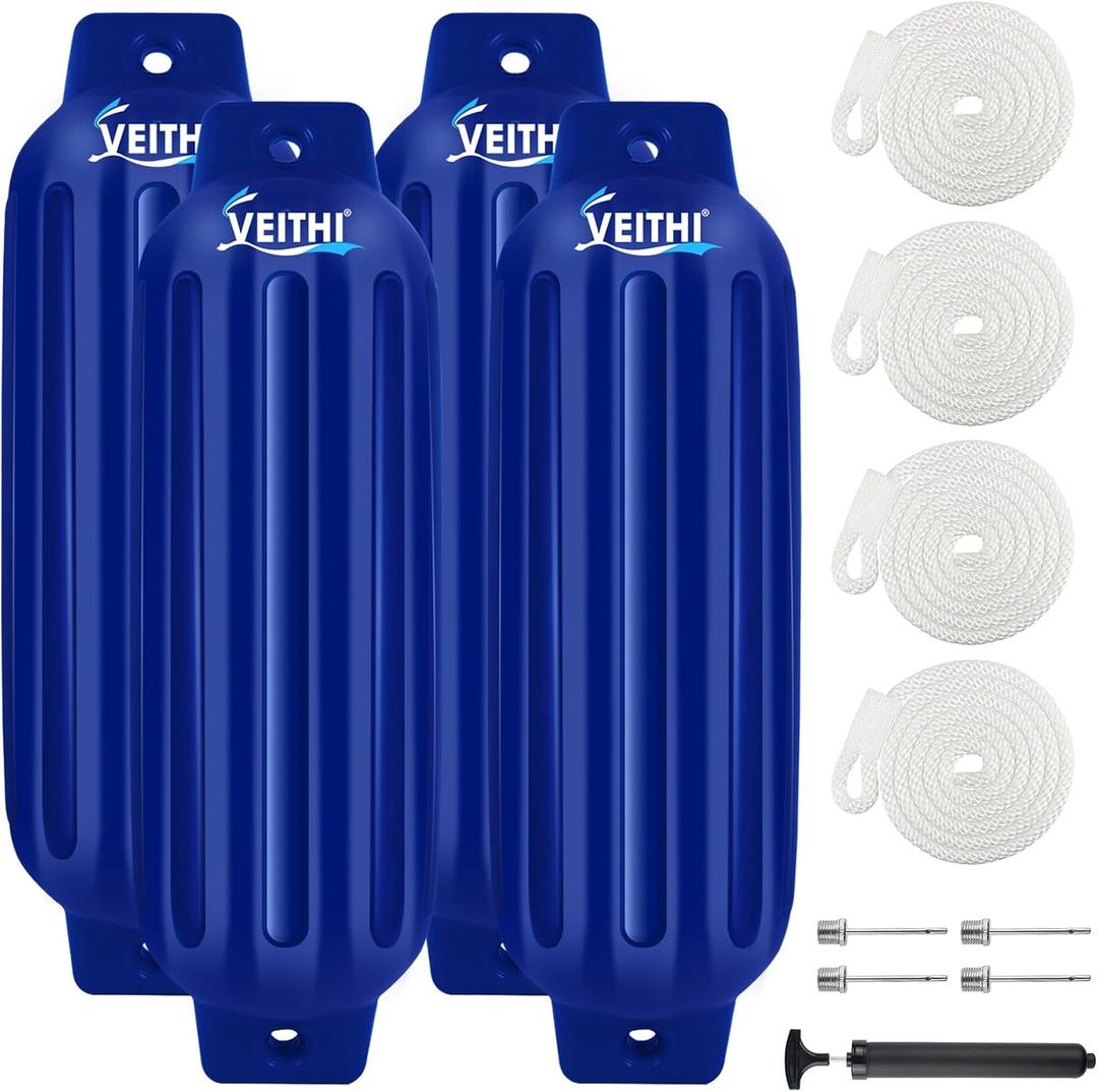 4.5/5.5/6.5/8.5/10/16 inch Boat Fenders 4 Pack,Ribbed Twin Eyes Vinyl Boat Bumpers Fenders,Boat Bumpers for Docking Come with Ropes Needles and Pump to Inflate, 10 x 30 inch