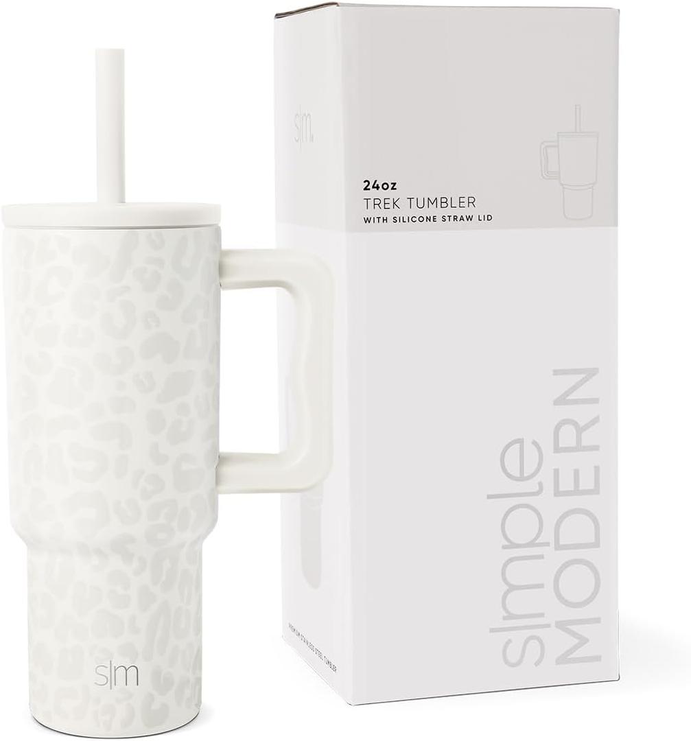 Simple Modern Kids 24 oz Tumbler with Handle and Silicone Straw Lid | Spill Proof and Leak Resistant | Reusable Stainless Steel Bottle | Gift for Kids Boys Girls | Trek Collection | Cream Leopard