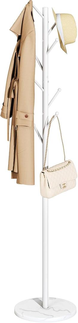 Yoobure Coat Rack Freestanding with Natural Marble Base, Coat Tree with 8 Hooks Heavy Duty Coat Hanger Stand, Metal Coat Rack Stand for Jacket, Hat, Clothes & Bag, Hall Tree Hat Rack for Entryway (White)