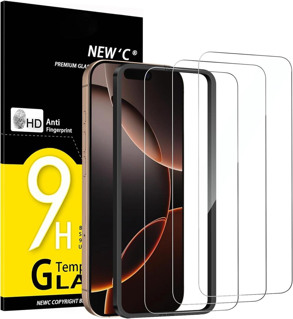 NEW'C 3 Pack Designed for iPhone 17, 17 Pro, iPhone 16 Pro Screen Protector (6.3 inches), Enhanced Tempered Glass Protection with easy installation tool included,Case Friendly Ultra Resistant (Transparent)