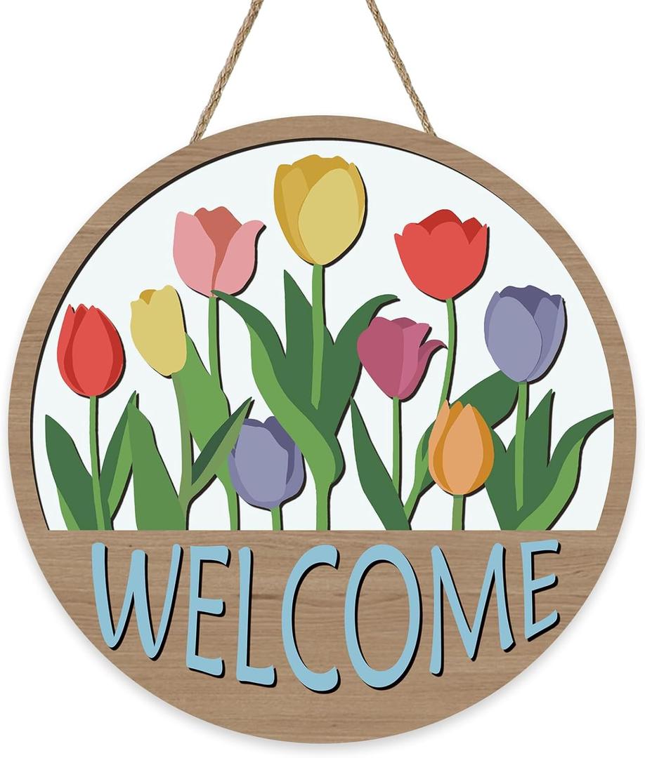Welcome Spring Tulip Flower Front Door Sign, Farmhouse Floral Wood Plaque Hanger Outdoor Outside Porch Home Decor, Rustic Summer Wooden Wreath Indoor Wall Hanging Decoration
