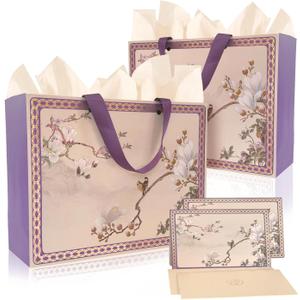 Ziletafei 2 Pack Large Purple Chinoiserie Gift Bags with Tissue Paper, Greeting Cards & Envelopes, 13 x 10.2 x 4.7 in Floral Crane Paper Gift Bag Set for Women, Birthday, Wedding(2-PCS Purple)
