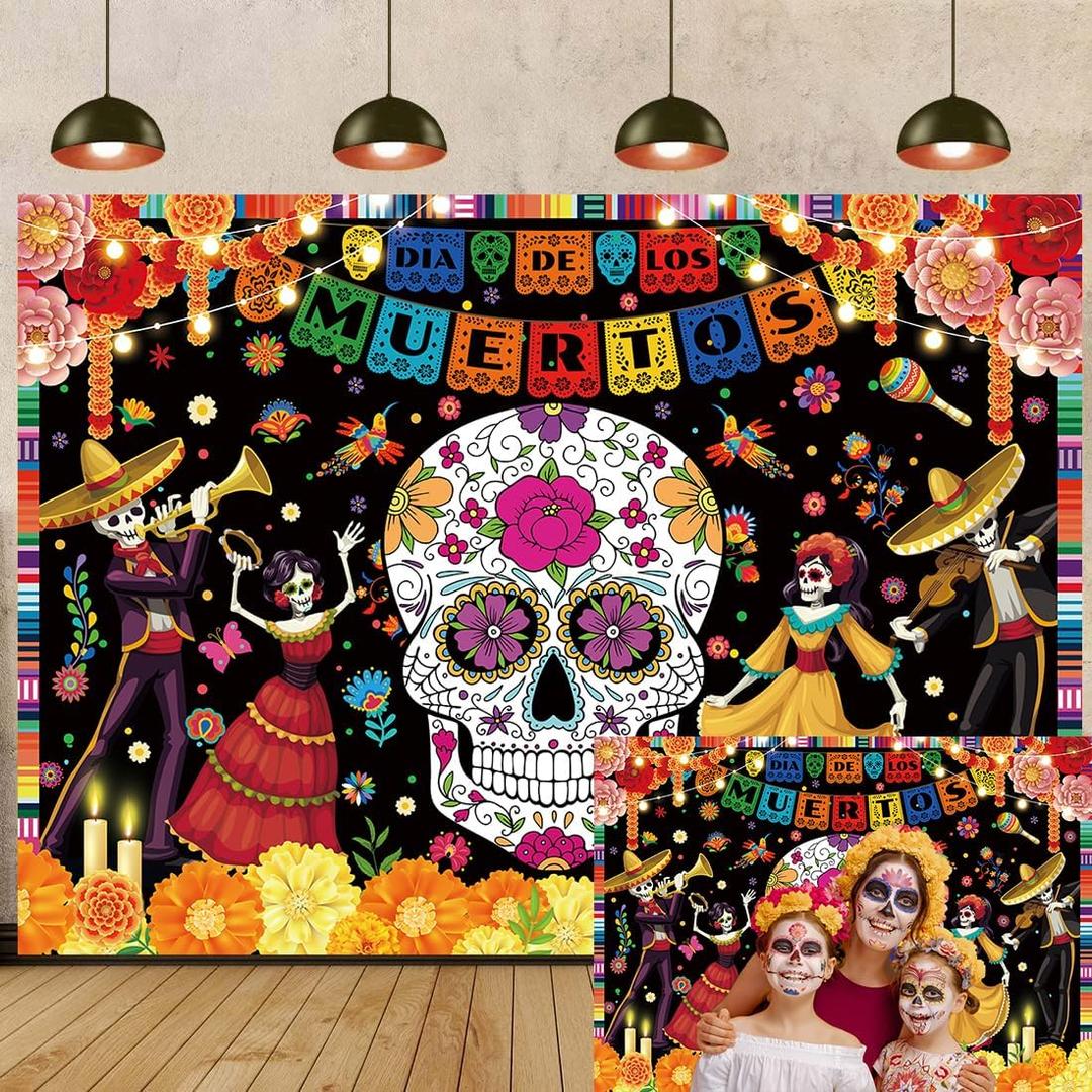 2 x Day of The Dead Backdrop Dia De Los Muertos Photography Background Sugar Skull Flower Mexican Fiesta Themed Party Decorations Banner Photo Studio Props (7x5FT: 84x60 inch)