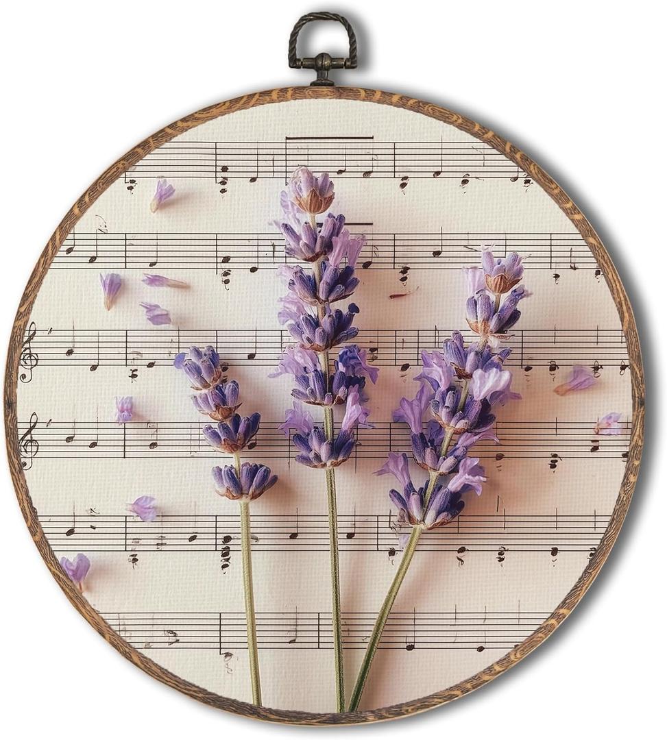 Tzhim Vintage Lavender Floral Round Wall Art, Retro Cottagecore Lavender Floral Round Wall Decor Framed, Rustic Purple Flower Canvas Walls Sculptures for Home Bedroom Living Room Decor, 10x10 Inch