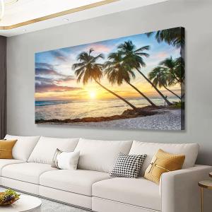 Beach Pictures Canvas Wall Art for Living room Bedroom Wall Decor,Palm Wall Art Print Paitnings for home Decor,Morden Artwork Sunset Coconut Tree Canvas Art Waterproof Stretched Ready to (40L" x 20W")