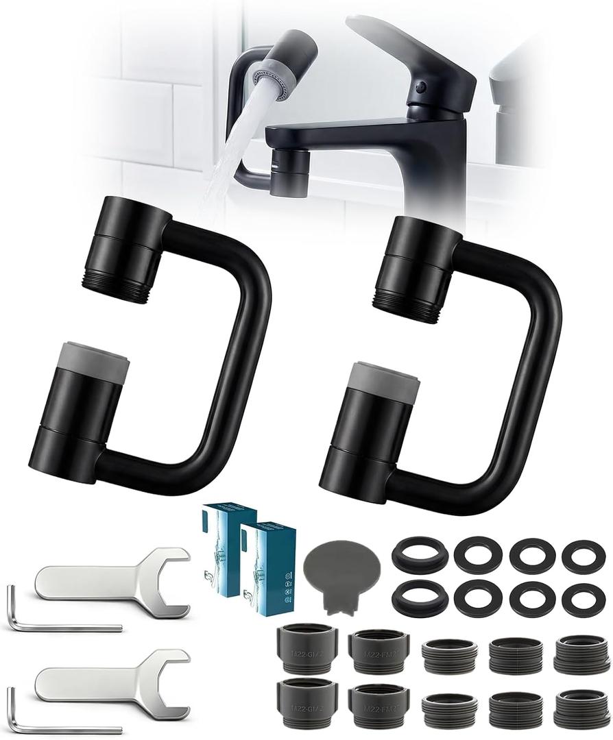 2 Pcs 1440 Rotatable Faucet Aerator Extension, U Shaped Shape Universal 360 Rotating Sink Faucet Extender for Kitchen & Bathroom 2 Modes Adjustable Black