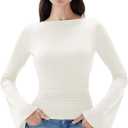 SUUKSESS Women Crew Neck Bell Sleeve Tops Double Lined Going Out Fitted Basic T Shirts (Small)