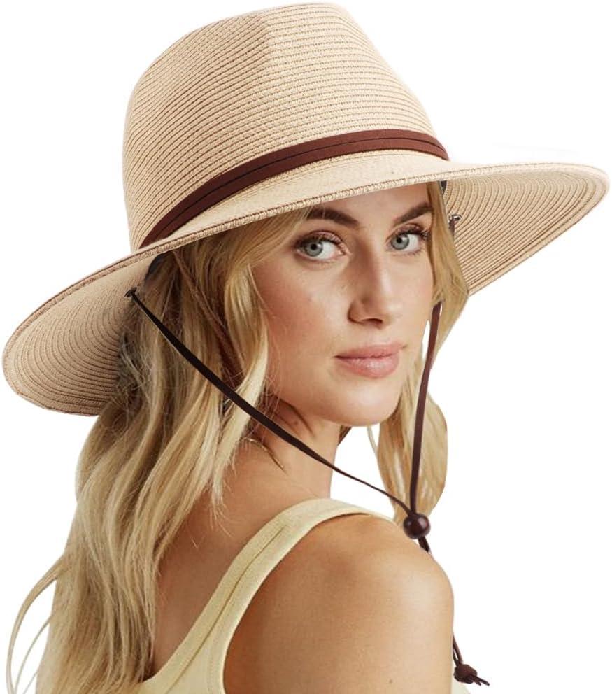 DRESHOW Womens Summer Straw Sun Hat Wide Brim Bucket Hats Fedora Hat Panama Beach Hat with Chin Strap UPF 50+ (One Size, 1 Pc Panama Fedora: Beige)