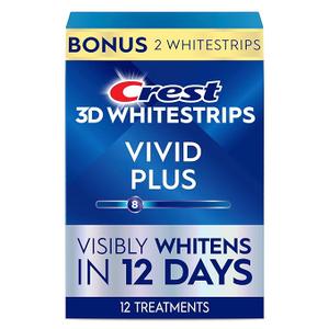 Crest 3D Whitestrips Vivid Plus, Teeth Whitening Strip Kit, 10 Treatments + 2 Bonus Treatments (Each with 1 Upper/1 Lower Strip), 24 Strips, 8 Levels Whiter, Teeth Whitening Kit