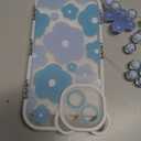 for iPhone 15 Case, Cute Clear Blue Floral Bear Camera Lens Case with Lovely Flower Wrist Strap Bracelet Chain for Women Girly,Shockproof Cover-Blue