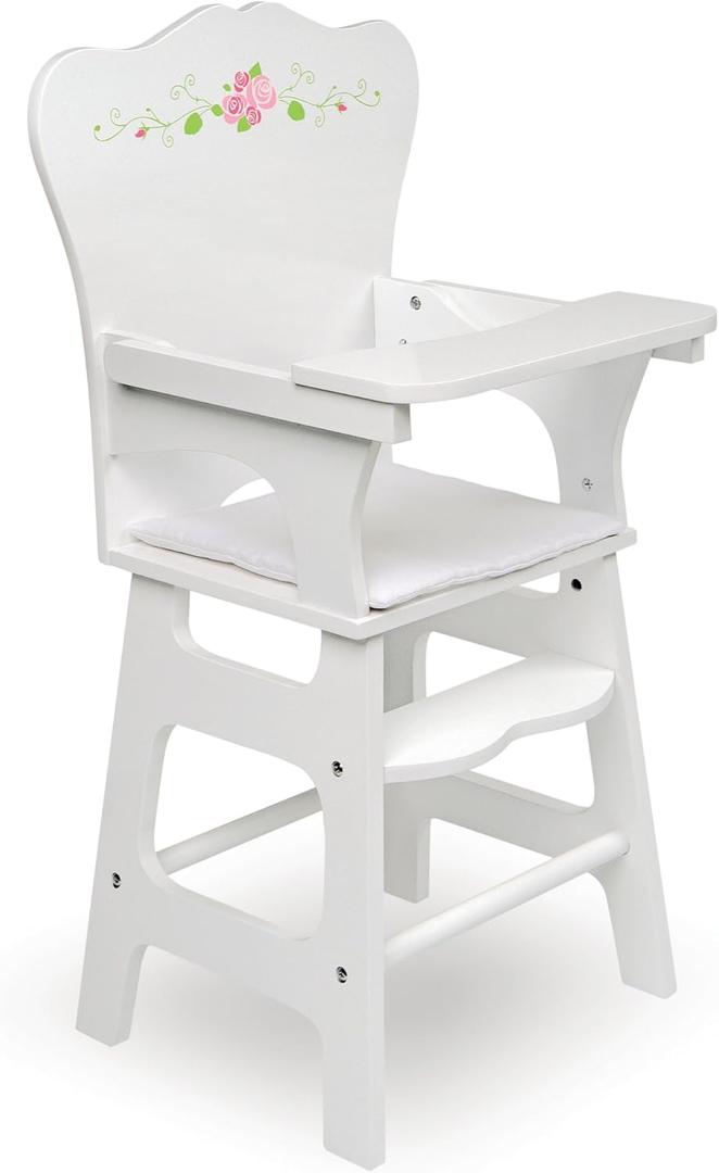 Badger Basket Doll High Chair - White and Rose Wood Design with Padded Seat and Lifting Tray - Fits 14 to 18 Inch Dolls for Pretend Mealtime Play - White/Rose Badger Basket Doll High Chair - White and Rose Wood Design with Padded Seat and Lifting Tray - Fits 14 to 18 Inch Dolls for Pretend Mealtime Play - White/Rose