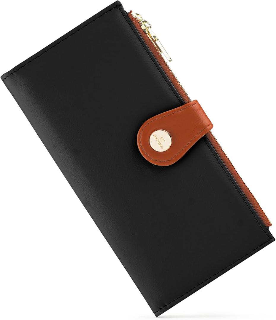 Womens Wallet,Thin RFID Blocking Leather Wallet for Women Credit Card Holder Travel Wallet with Zipper Pocket (Dark BlackBrown)