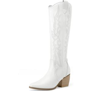 DREAM PAIRS Womens Cowboy Boots Wide Calf Comfortable Pull On Zipper Chunky Heel Pointed Toe Embroidered Western Cowgirl Knee High Boots Ladies Retro Tall Boot, Size: 7.5
