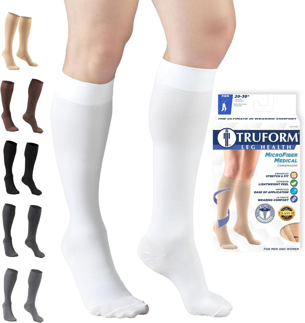 Truform 20-30 mmHg Compression Stockings for Men and Women, Knee High Length, Closed Toe, White, Large