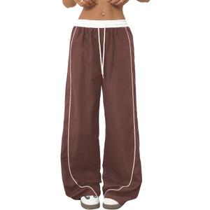 ZAFUL Women's Parachute Pants Y2K Wide Leg Cargo Sweatpants Drawstring Waist Jogger Pants with Pockets (Medium, 0-coffee)