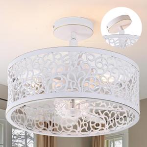 COCOSTAR Small Farmhouse Ceiling Fan with Light and Remote, 15in White Caged Fandelier with Lights for Kitchen, Bedroom4 Speed, Timing
