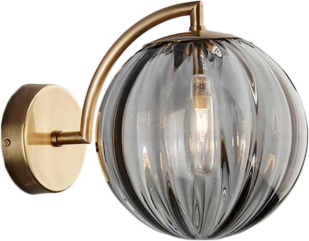 Grey Glass Globe Wall Sconces Gold Brass Base Mini Glass Ball Wall Lights for Bedside(Grey)