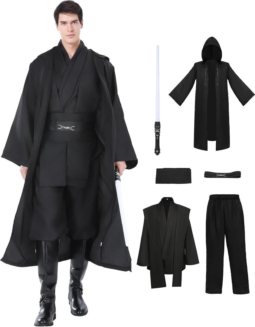 Halloween Knight Costume Men Tunic Hooded Robe Full Set with Lightsaber Halloween Cosplay Outfits (Large, Black)