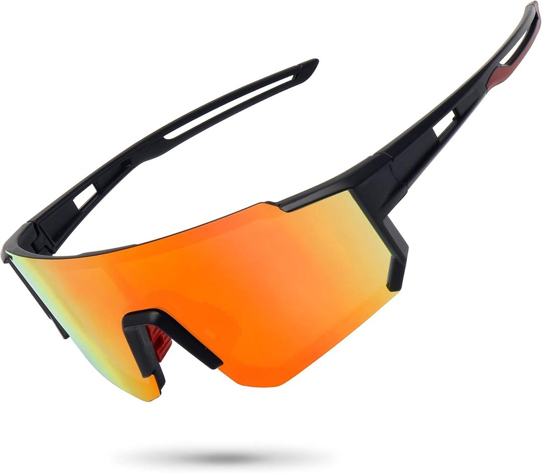 STORYCOAST Polarized Sports Sunglasses for Men Women,Driving Fishing Cycling Mountain Bike Sunglasses UV400 Protection, Black Frame,Red Mirror Lens