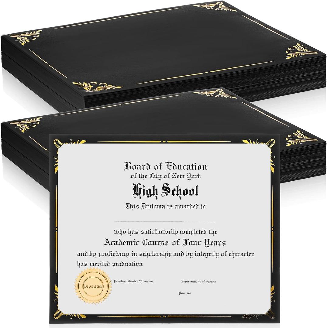 Fainne 100 Pcs Certificate Holder Foil Border 8.5 x 11 Inch Single Sided Award Certificates Cover for Letter Size Cardstock Document Paper Diploma Graduation School Marriage Supplies(Black)