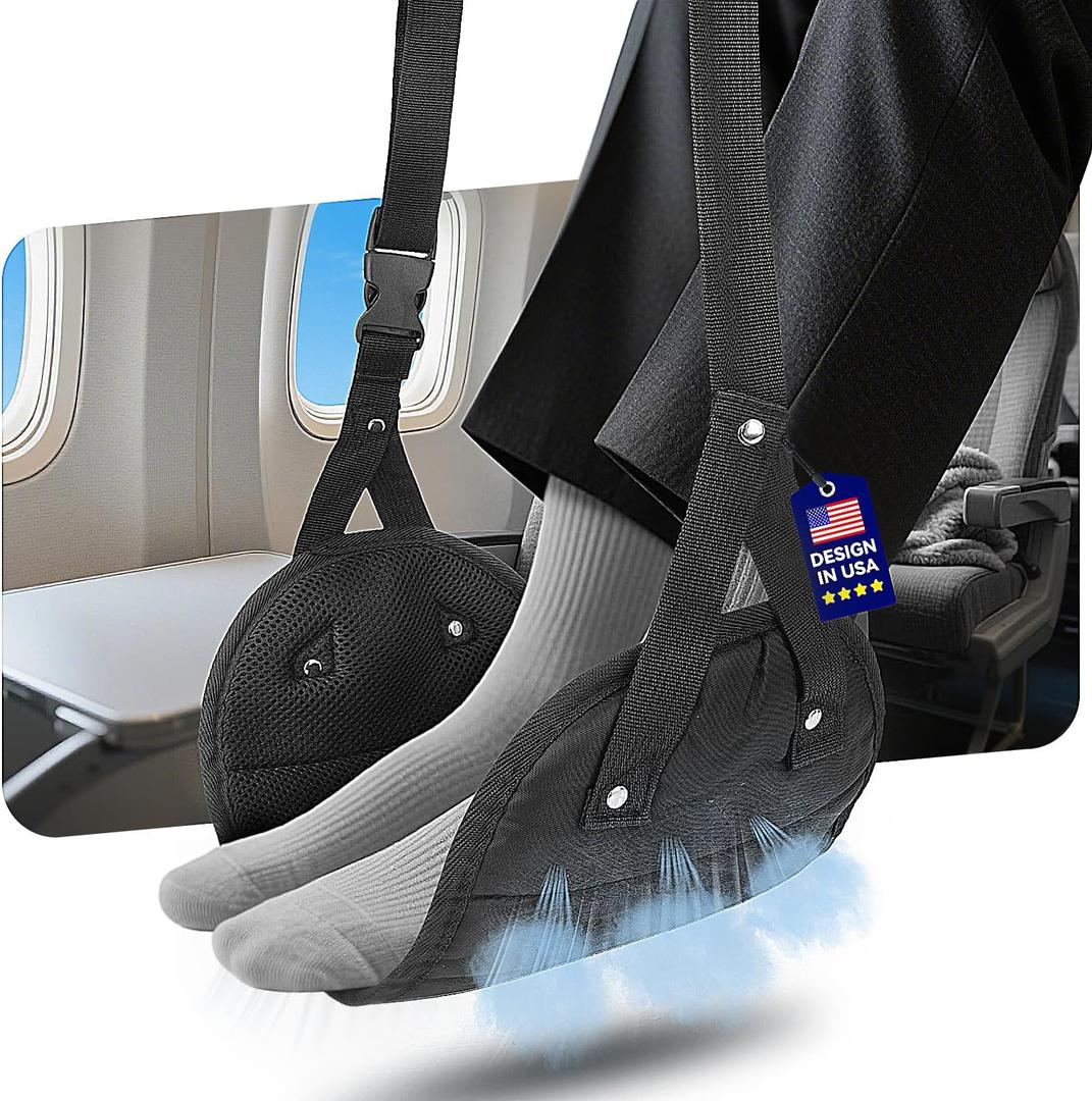 Ergonomic Airplane Foot Hammock(Memory Foam)-Ultimate Comfort Foot Hammock for Plane Travel Essentials to Relax Your Feet, Portable Airplane Foot Rest with Adjustable Strap, Perfect for Long Flight (Black)