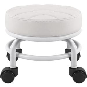 FURWOO Low Roller Seat PU Leather Rolling Stool Step Stool Mechanic Stool on Wheels for Home Office Garage Shop White, one size