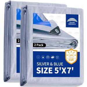 RAINDEWAY Small Tarps 5x7 Feet (2 Pack), 5.5 Mil Thick, Multipurpose Waterproof Poly Tarp Cover with Metal Grommets and Reinforced Edges, Silver/Blue Tarp