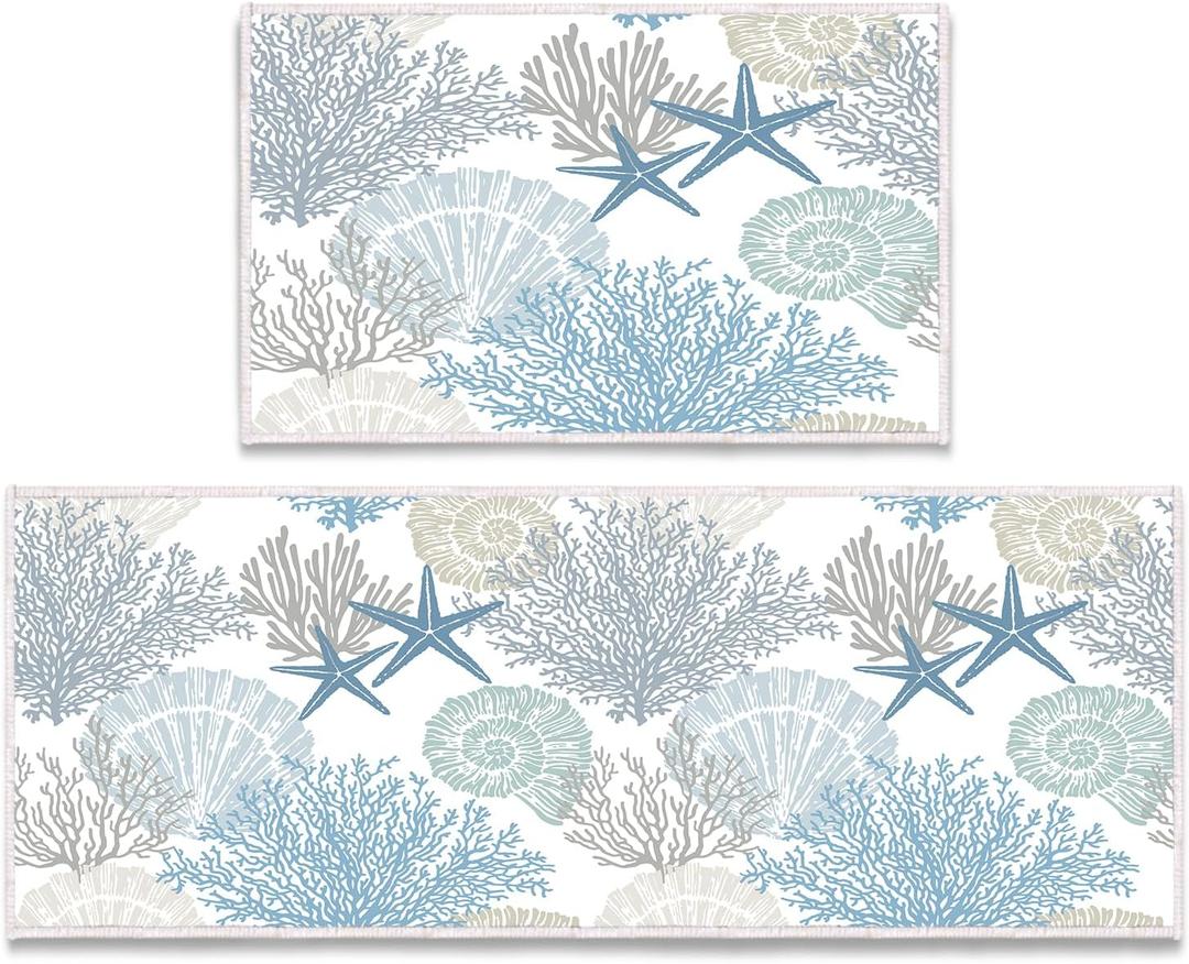 Coastal Kitchen Mat Set of 2 Cushioned Anti Fatigue Mats for Kitchen Floor,Ocean Nautical Starfish Seashell Beach Bathroom Runner Rug Non Slip Standing Mat Washable Kitchen Rug Runner for Sink,Laundry